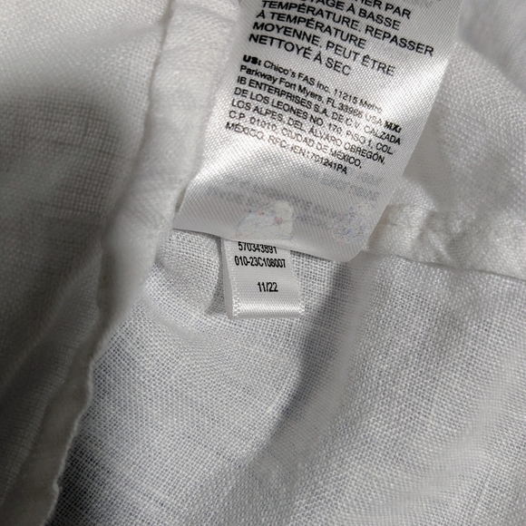 Chico’s White Floral Applique Ruffle Linen Tunic LS Top Sz 2/US Large Beach Boho - Picture 10 of 10